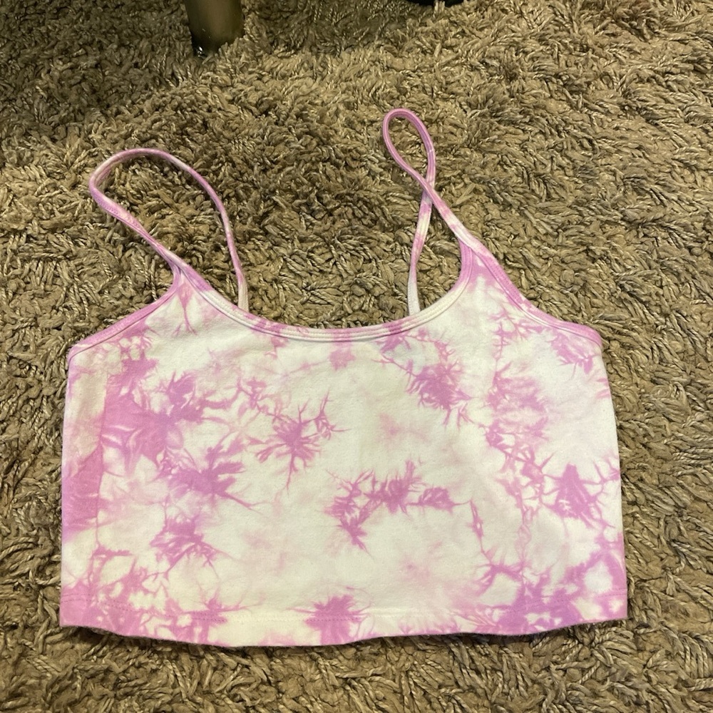 small purple and white patterned crop top with spaghetti straps